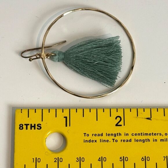 Gold Tone Green Tassel Round Drop Earrings - Picture 2 of 4